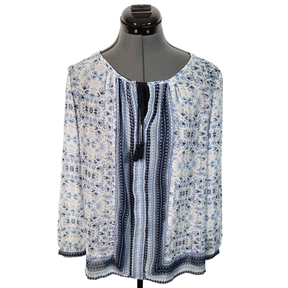 Lucky Brand Blue White Floral Tassel Peasant Blouse Top Medium